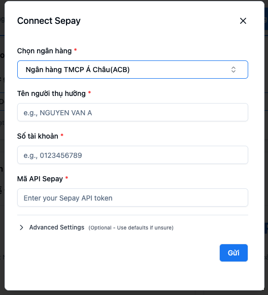 Form thông tin ngân hàng SePay